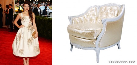 Hailee Steinfeld wore a sweet Donna Karan Atelier dress and added a surprising punk detail with gold starbursts made from safety pins. FormDecor’s Tiffany Parlor Chair would pair well with this sweet-yet-edgy frock.